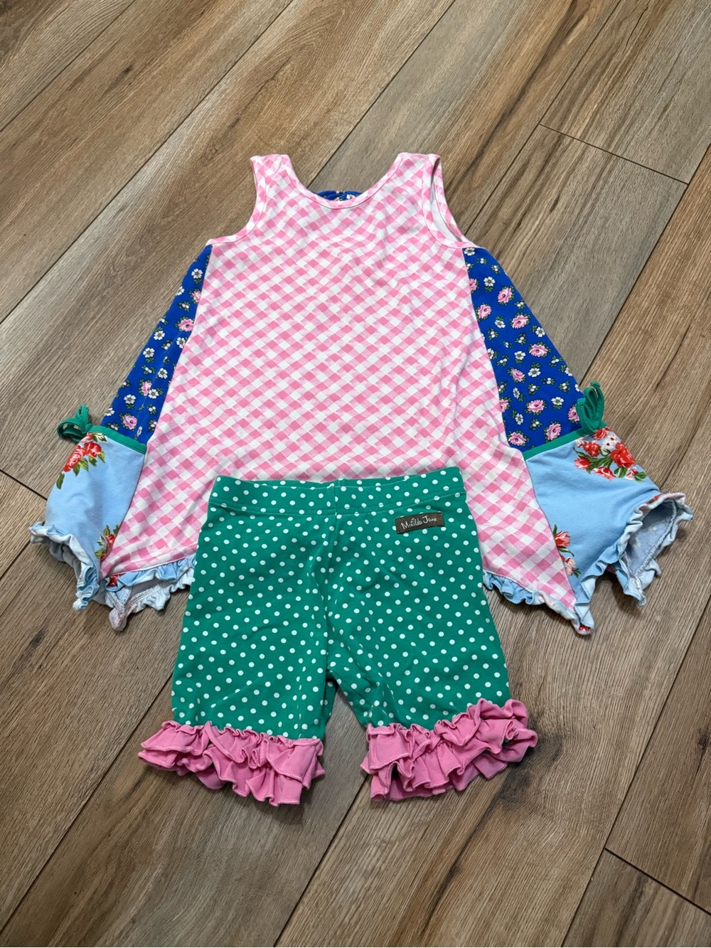Pink Gingham & Floral Ruffle Sleeve Top with Green Polka Dot Ruffle Shorts